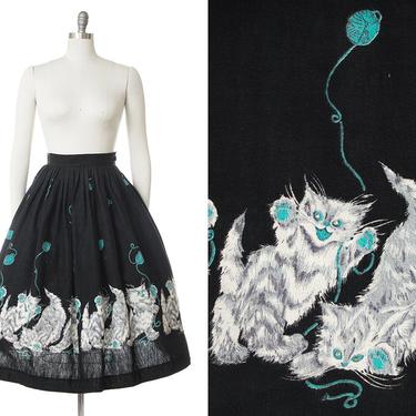 Vintage 1950s Skirt | 50s Psycho Kitties Cat Yarn Novelty Border Print Black Swing Skirt (small/medium) 