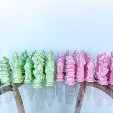 Pink and Green Ceramic Pagoda Chess Pieces