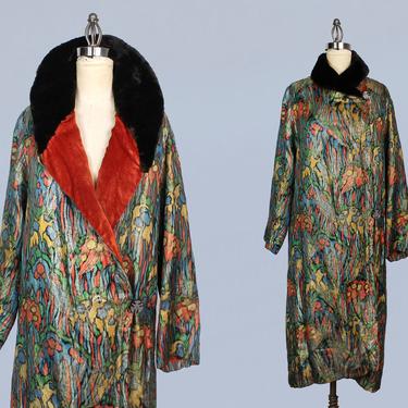 1920s Coat / 20s Printed Abstract Lam Coat/ Rare! / Amazing Museum Quality / Near Mint! / Saks and Co / Gold Metal Fibers 