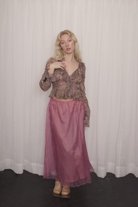 90s Silk Organza Pink Maxi Skirt (Medium)