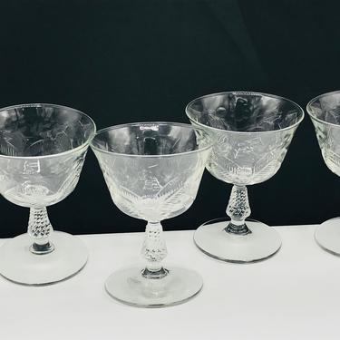 Vintage Set of (4)  Etched  Coupe Sherbet Glasses-Floral Twisted Stem- Great Condition 