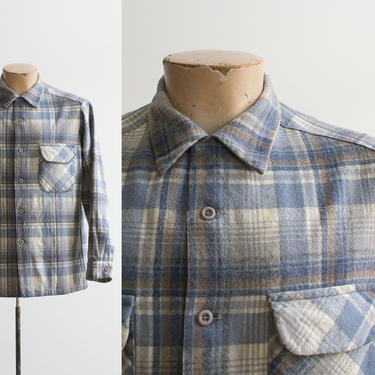 Vintage 1960s Plaid Flannel Shirt / Vintage Pendleton Flannel Medium / Vintage Gray and Blue Plaid Shirt / Vintage Soft Wool Flannel Medium 