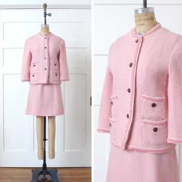 womens vintage 1960s pink suit • textured wool skirt suit in bubblegum pink with pockets &amp; braided trim 