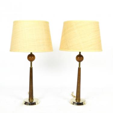Pair of Brass and Walnut Lamps