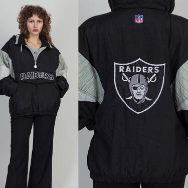 90s Raiders NFL Pullover Jacket - Men's Medium, Women's XL | Vintage Las Vegas Football Hooded Oversize Puffy Coat 