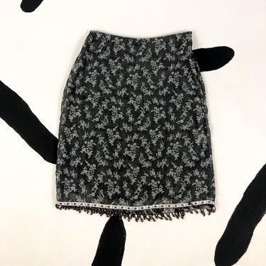 90s Betsey Johnson Black and Grey Floral Mesh Overlay Pencil Skirt / Beaded Trim / Crystal Fringe / Large / Medium / y2k / Clueless / 00s 