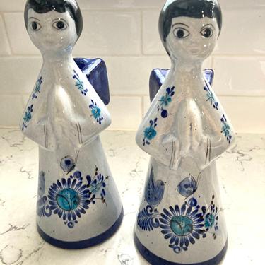 One pair of Vintage Tonala Angel Candle Holder Hand Made Hand Painted Signed  Mexico Pottery by LeChalet