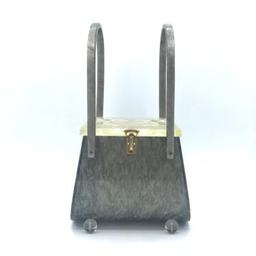 Vintage 1950s Rialto Marbelized Lucite Box Purse, 50s Pearlized Gray Plastic Footed Handbag, Collectible Mid-Century Fashion Accessory 