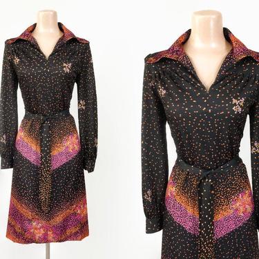 VINTAGE 70s Chevron Polka-Dot Pattern Mini Dress | 1970s Butterfly Collar Dress | Long Sleeve Mod Belted Dress | Studio 54 Disco Style 