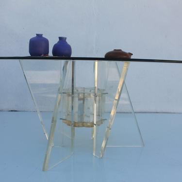 Vintage Sculptural Lucite Base glass top Round Coffee Table . 