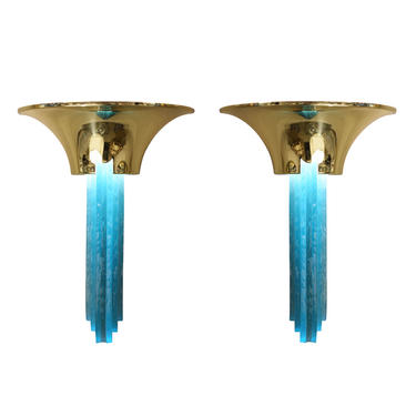 Karl Springer Pair of "Purcell Sconces" in Brass with Hand-Chipped Glass 1980s