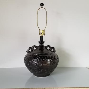 Mid-Century Black Glazed Aztec Ceramic Lamp 