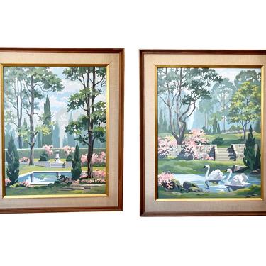 Vintage Mid Century Modern Retro Deco Painting Framed 2 piece Seattle Swan Scenic Scenery Water Floral Blue Green Pink Calm 
