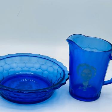 Vintage 2 PC   Shirley Temple cobalt blue honey comb pattern Cereal Bowl &amp; Pitcher- Hazel Atlas 