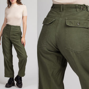 1960s Vietnam Era OG-107 US Army Pants - 26&amp;quot;-28&amp;quot; | Vintage Unisex Olive Drab High Waisted Combat Trousers 