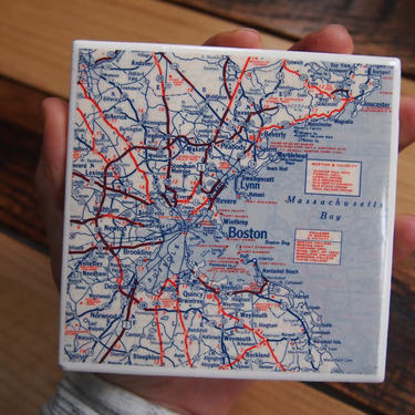 1953 Boston Massachusetts Handmade Repurposed Vintage Map Coaster - Ceramic Tile - Repurposed 1950s Rand McNally Atlas - Boston Bay 