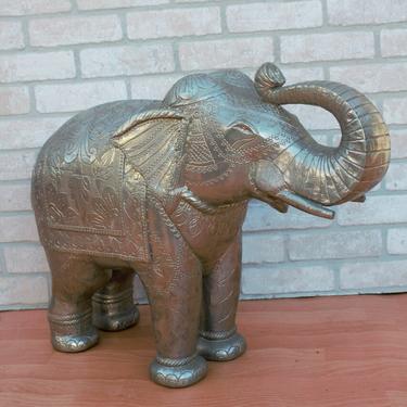 Vintage Asian Etched and Hammered Metal Covered Wood Carved Elephant Statue