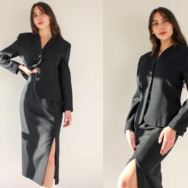 Vintage 80s Christian Dior Black Collarless Power Suit w/ Midi Pencil Skirt | Made in USA | 100% Worsted Wool | 1980s DIOR Designer Suit 