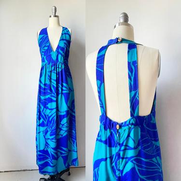 1970s Dress Cotton Hawaiian Maxi Backless L 