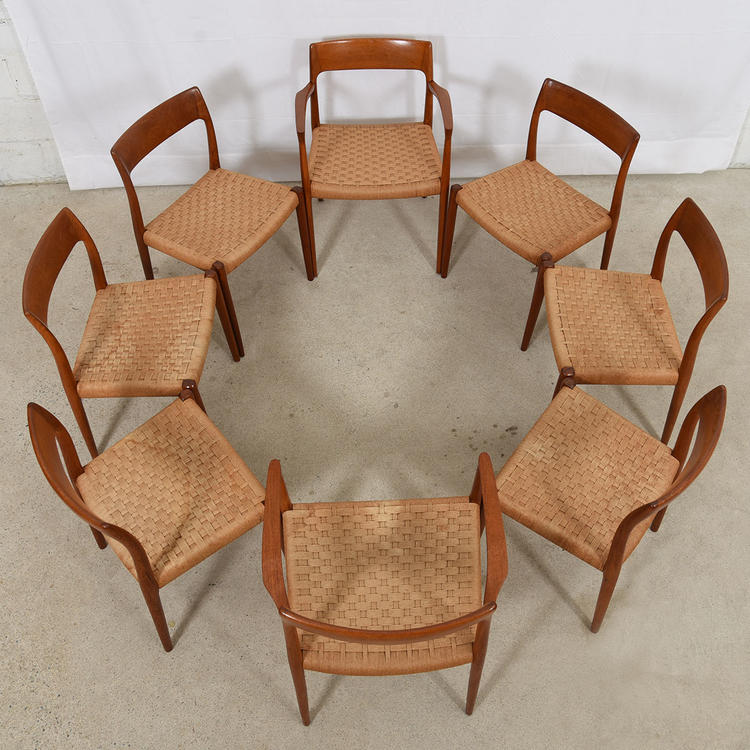 Set of 8 Teak & Papercord Niels O. Moller #75 Dining Chairs