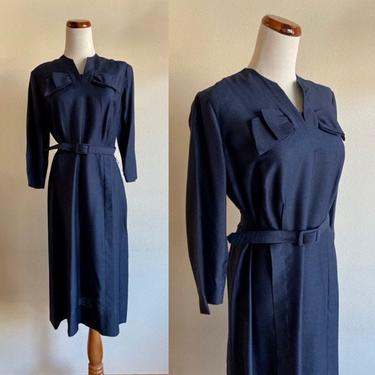 Vintage 60s Dress, Navy Blue Dress, Bow Neckline Three Quarter Sleeve, Sized for Short Waisted Women NOS NWT 