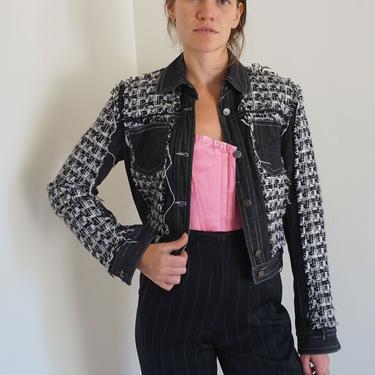 Gianfranco Ferre Y2K Denim and Tweed Contrast Stitch Jacket Black Jean size XS S Minimalist Boucle 90s Grunge 