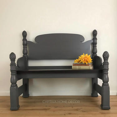 Bed Frame Bench Seat, Repurposed Mudroom, Entryway Decor, Upcycled Handpainted Furniture, Grey Barnwood Bench, Recycled & Salvaged by CaptivaHomeDecor