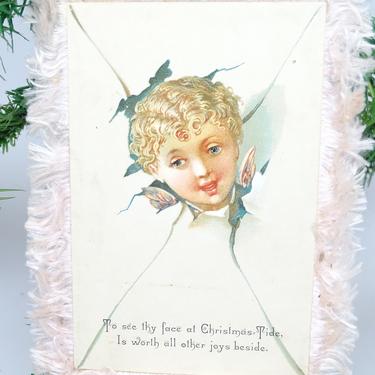 Antique Early 1900's Christmas Card, Doubled Sided with Pink Fringe,  Vintage Tree Decor 