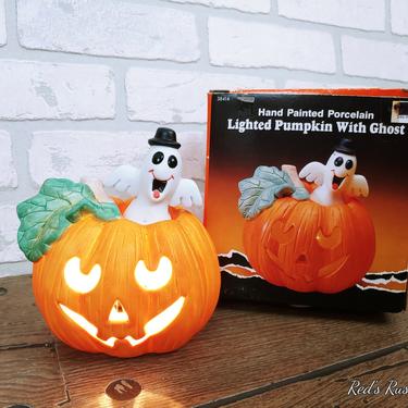 Vintage Ceramic Halloween Pumpkin Jack O Lantern with Ghost from Fabri-Centers of America 