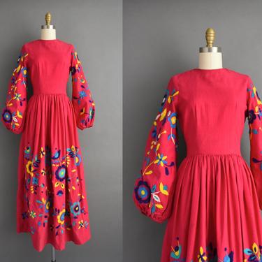 vintage 1960s | Outstanding Bell Sleeve Floral Embroidered Full Length Cotton Dress | Small | 60s dress 