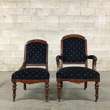 LOCAL PICKUP ONLY Antique Wood Chairs Retro 1920s Navy Blue Printed Velvet Set of 2 Dining or Living Room Chairs Carved Wood Details 