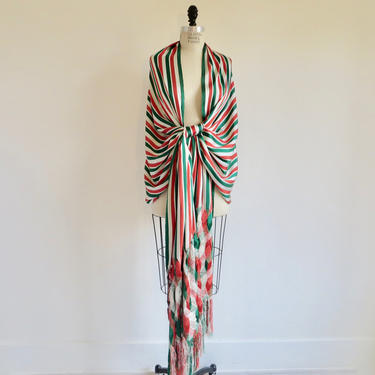 Vintage 1940's 1950's Red Green White Striped Rayon Woven Large Shawl Wrap with Macrame Fringe 40's 50's Accessories 