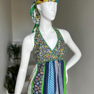 Amazing 1970s Cotton Patchwork Halter Maxi Dress 34 Bust Vintage Hippie 70s Fashion Summer of Love 