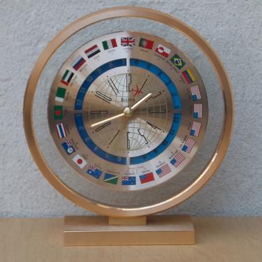 Bulova Brass Round Floating World Desk Mantle Quartz Clock, 1980s 