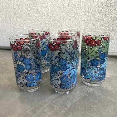Libbey Tumblers with Floral and Leaf Pattern Set of 5 | Vintage Glassware | Vintage Flower Drinking Glasses | Vintage Barware | Mid Century 