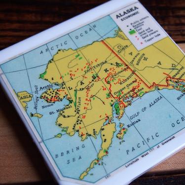 1939 Alaska Handmade Repurposed Vintage Economic Map Coaster - Ceramic Tile - Repurposed 1930s Goode&#39;s Atlas -One of a Kind - Anchorage 