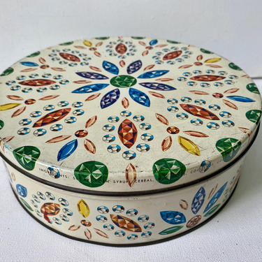 Vintage 60's Zion Candy Tin, Gem Tin, White With Colored Gems, Zion Illinois 