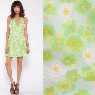 70s Floral Halter Dress Print Mini Dress Lime Green Mod Bohemian 70s Hippie Summer Deep V Neck Empire Open Back Sundress Medium Large 