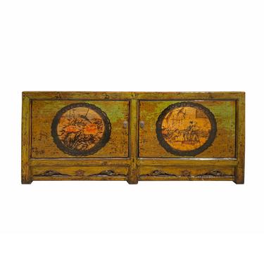Chinese Distressed Olive Lime Green Graphic Sideboard TV Console Cabinet cs6912E 