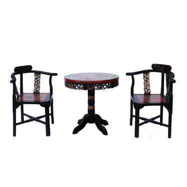 Chinese Handmade Lacquer Dragon Graphic Corner Armchair Table 3 Pieces Set cs5411E 