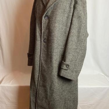 Vintage Harris Tweed men’s overcoat ~ grey black micro plaid check pattern~ 100% wool~ oversized 40’s 50’s 60’s 