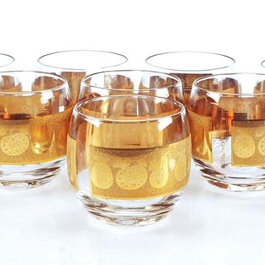 Vintage Culver glassware 4 Gold Florentine Roly poly cocktail glasses Glam Mid Century Modern barware tumblers 