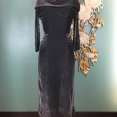 1950s wiggle dress, black and silver, vintage 50s dress, holiday dress, cocktail dress, size medium, lurex dress, metallic, 28 waist, vlv 