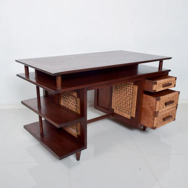 Mexican Modernist Solid Mahogany &amp; Seagrass Panel Desk Michael Van Buren 