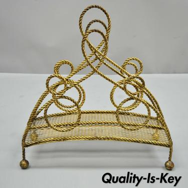 Italian Hollywood Regency Rope Tassel Gold Tole Metal Magazine Rack Holder Stand