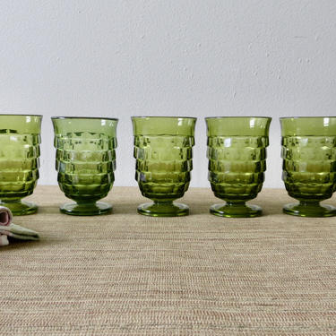 Vintage Whitehall Glasses Juice - Avocado Green by Indiana Glass - Set of 5 - Footed Juice Glasses - Cubist Style 