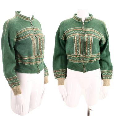50s hand knit cardigan sweater sz M / vintage 1950s green patterned zip front top jumper 40s 