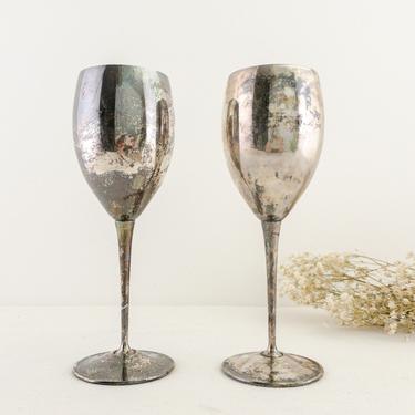 Set of 2 de Uberti Italian Silverplate Goblets, Patina Aged Tarnished Silver Plate Champagne Wine Cups, Toasting Glasses 