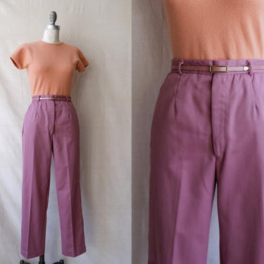 Vintage 80s Mauve Belted Trousers/ 1980s Purple Cotton High Waisted Work Pants/ Size 27 Small Medium 