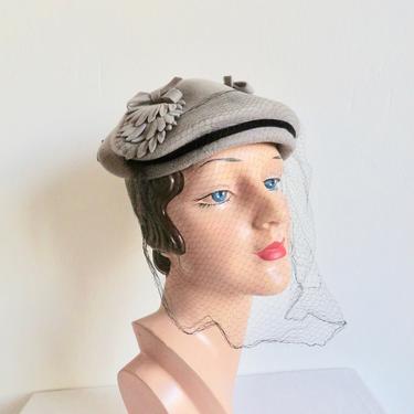 Vintage 1950's Gray Felt Hat Juliette Cap with Black Veil and Velvet Trim Felt Petals Leaves Rockabilly Swing 50's Millinery 